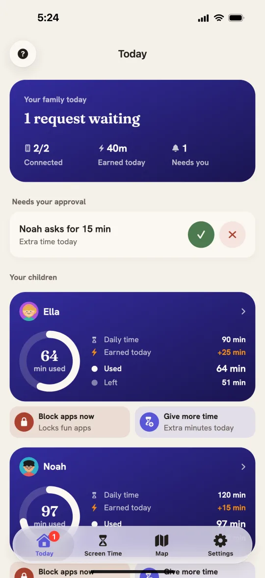 Shield Family parent Today screen